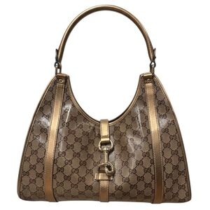 Gucci GG Crystal Beige Brown Canvas Gold Leather Trim Medium Joy Shoulder Bag